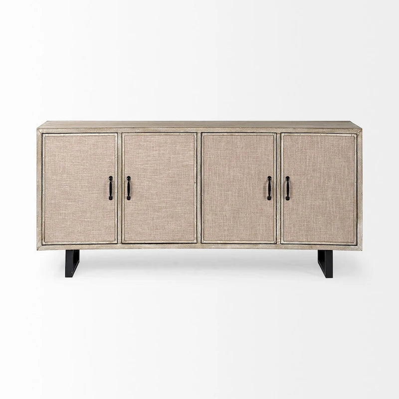 Brown Fir Veneer Sideboard with Fabric-Covered Cabinet Doors - 68.0L x 15.5W x 31.5H