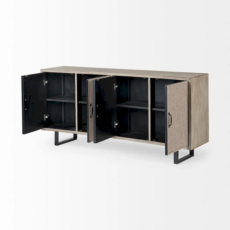 Brown Fir Veneer Sideboard with Fabric-Covered Cabinet Doors - 68.0L x 15.5W x 31.5H