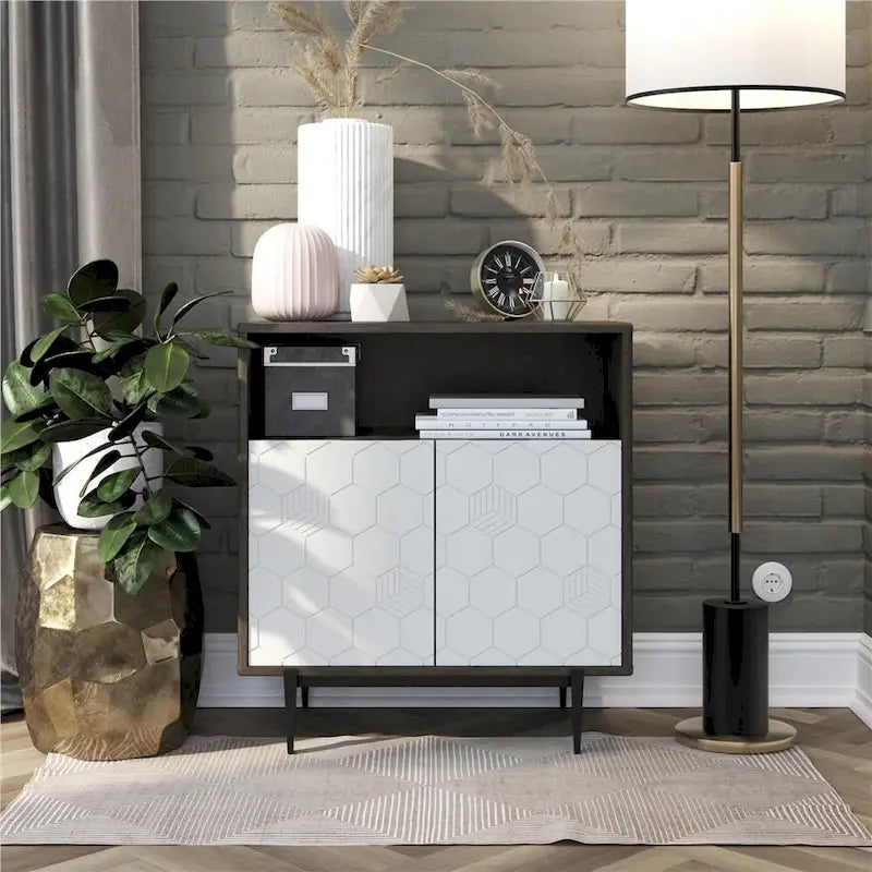Grey Storage Cabinet with Geometric Door Fronts