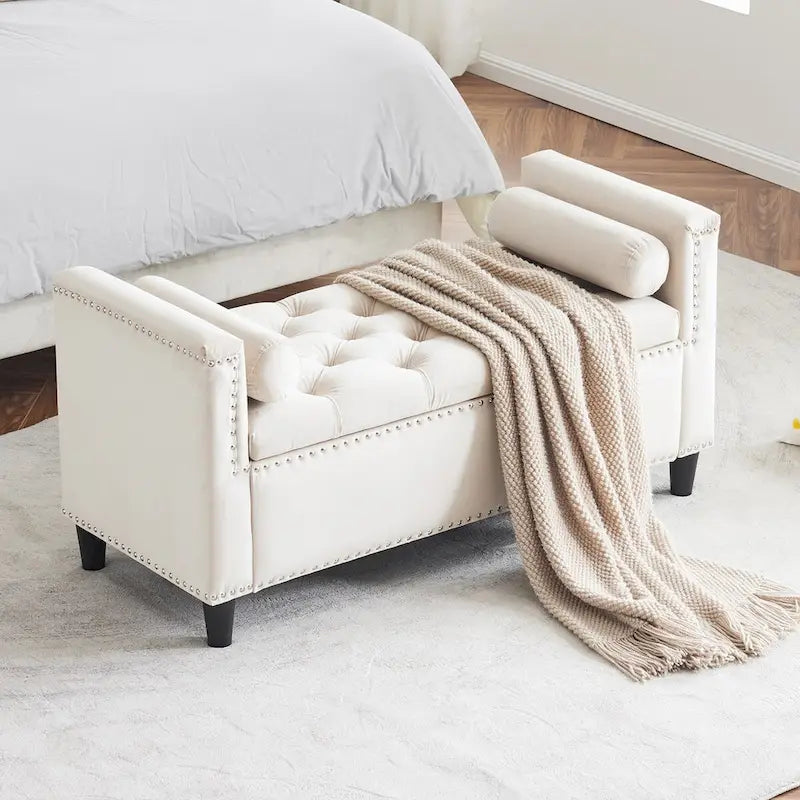 Upholstered Storage Bench with Armrests for Living Room Entryway