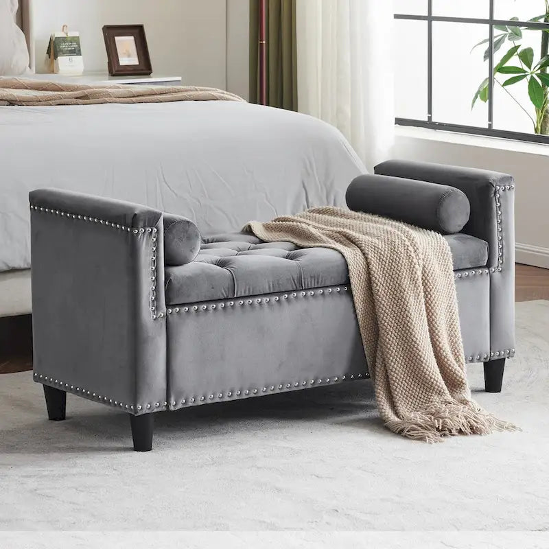 Upholstered Storage Bench with Armrests