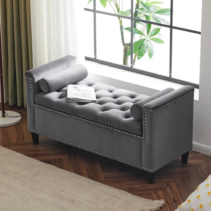 Upholstered Storage Bench with Armrests