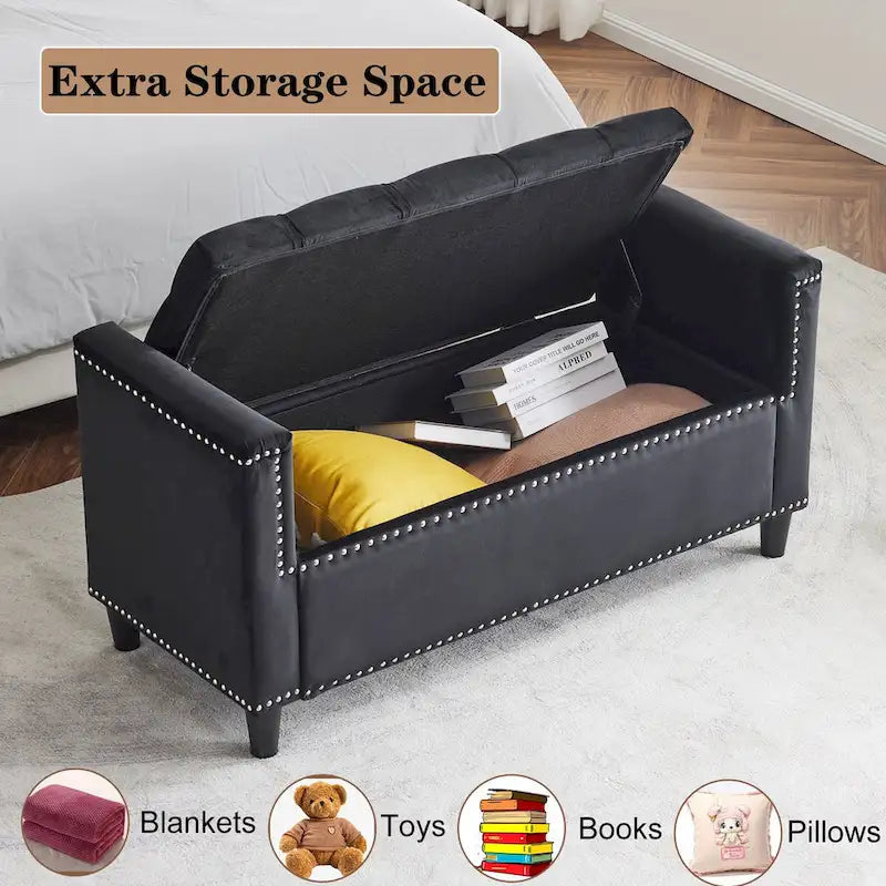 Upholstered Storage Bench with Armrests