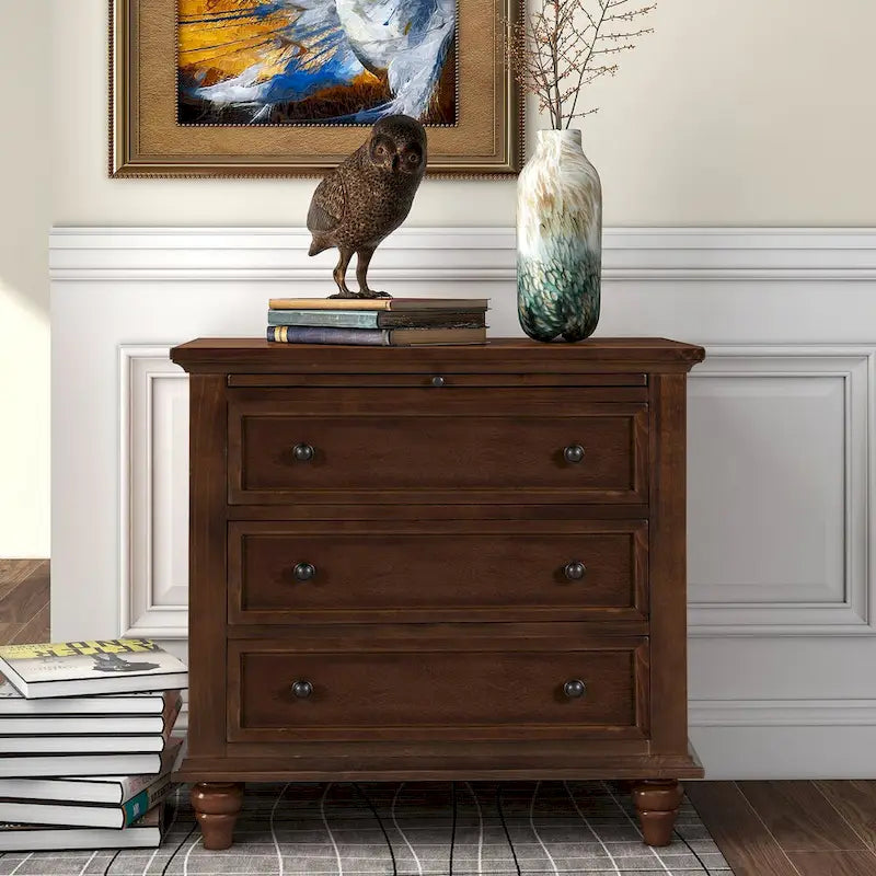 3-Drawer Storage Wood Cabinet End Table with Pull-Out Tray