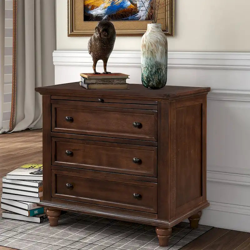 3-Drawer Storage Wood Cabinet End Table with Pull-Out Tray