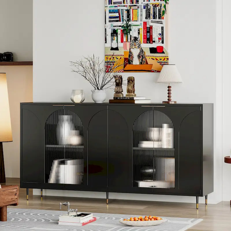 60" Wooden Cabinet with 4 Glass Doors Sideboard Buffet Server Cabinet
