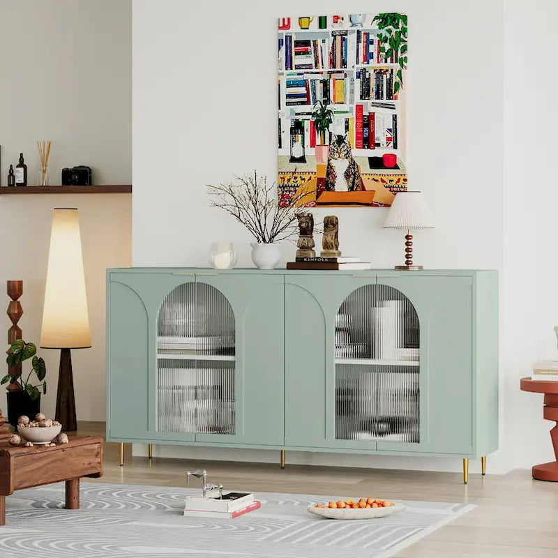 60" Wooden Cabinet with 4 Glass Doors Sideboard Buffet Server Cabinet