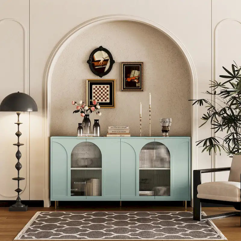 60" Wooden Cabinet with 4 Glass Doors Sideboard Buffet Server Cabinet
