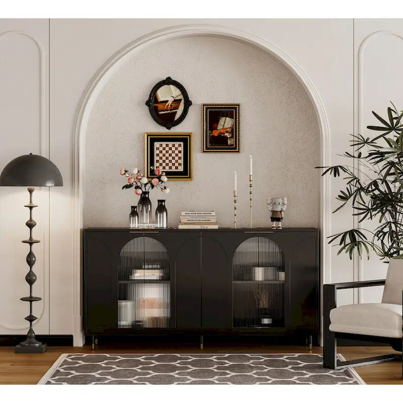 60" Wooden Cabinet with 4 Glass Doors Sideboard Buffet Server Cabinet