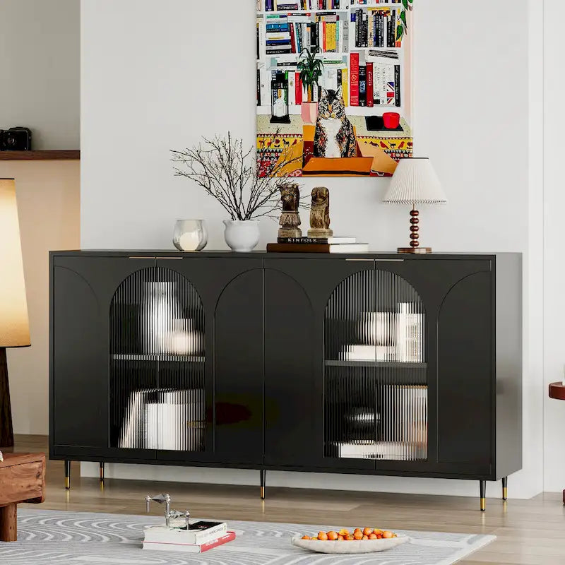 60" Wooden Cabinet with 4 Glass Doors Sideboard Buffet Server Cabinet