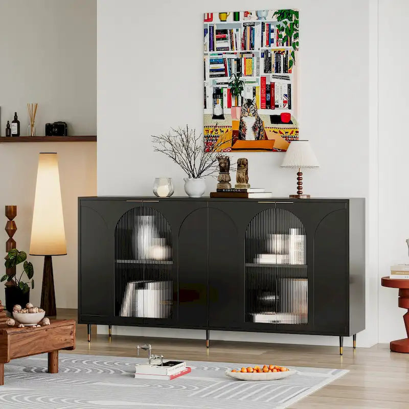 60" Wooden Cabinet with 4 Glass Doors Sideboard Buffet Server Cabinet