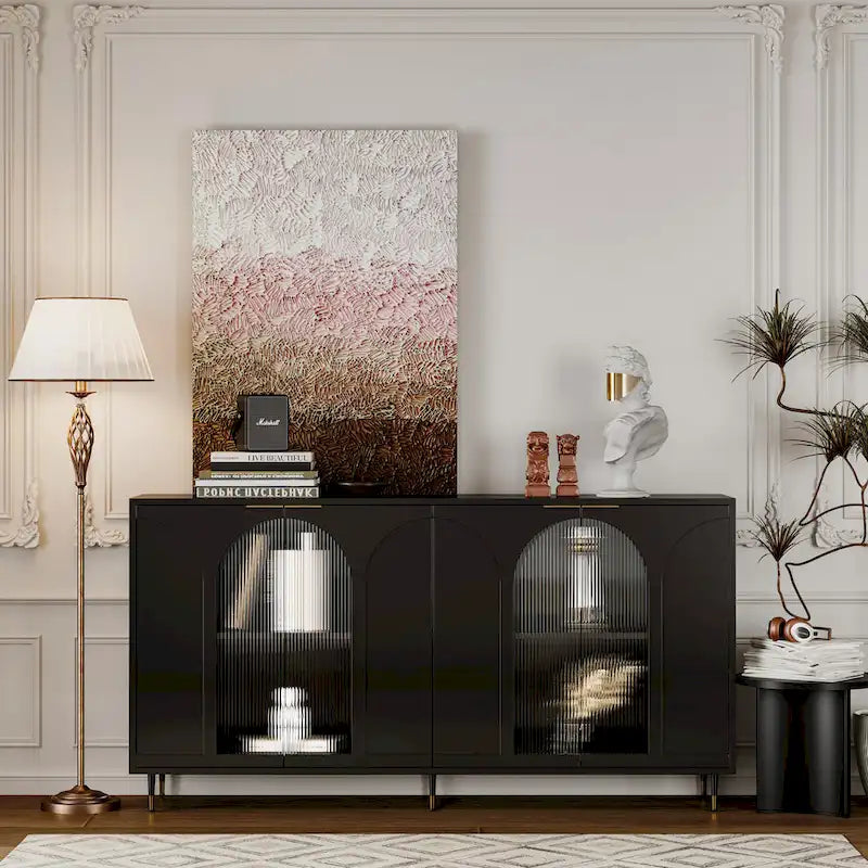 60" Wooden Cabinet with 4 Glass Doors Sideboard Buffet Server Cabinet