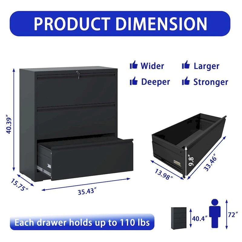 3-Drawer Lateral File Cabinet with Lock for Home Office