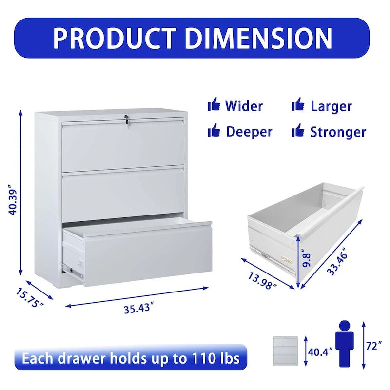 3-Drawer Lateral File Cabinet with Lock for Home Office
