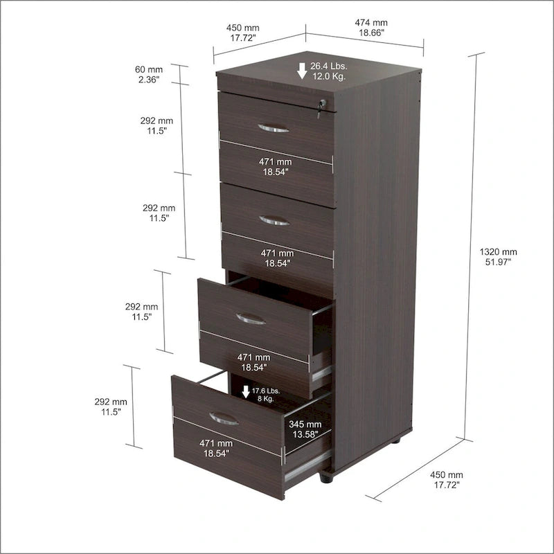 52" Espresso Melamine File Cabinet with 4 Drawers