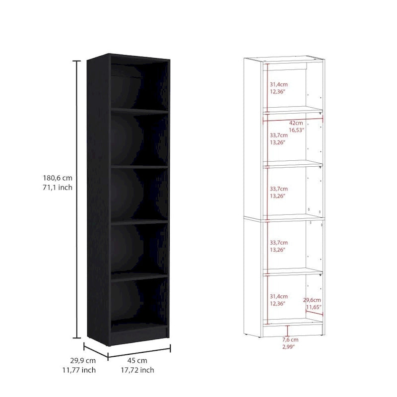 Bookcase with 5-Tier Shelves and Slim Design - Black