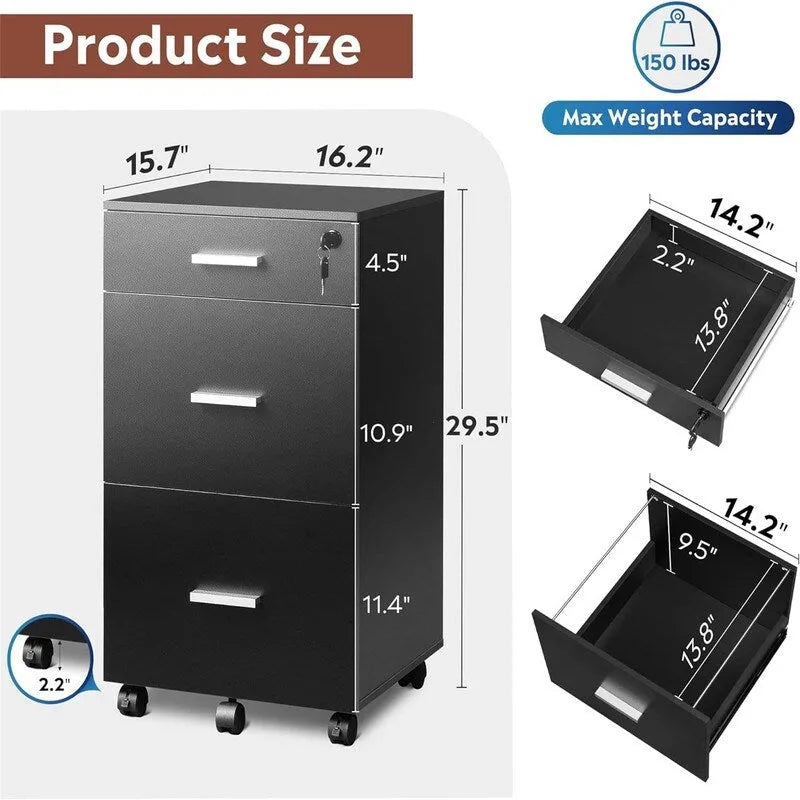 3-Drawer Rolling File Cabinet with Lock