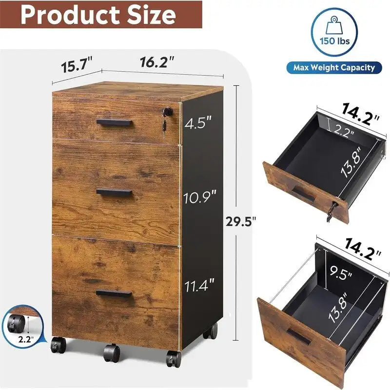 3-Drawer Rolling File Cabinet with Lock