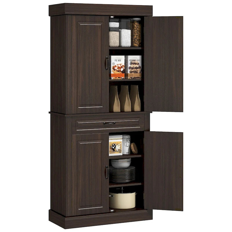 71" Freestanding Kitchen Pantry with 4 Doors and 2 Large Cabinets, Tall Storage Cabinet with Wide Drawer