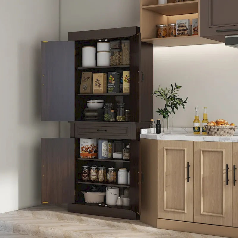 71" Freestanding Kitchen Pantry with 4 Doors and 2 Large Cabinets, Tall Storage Cabinet with Wide Drawer
