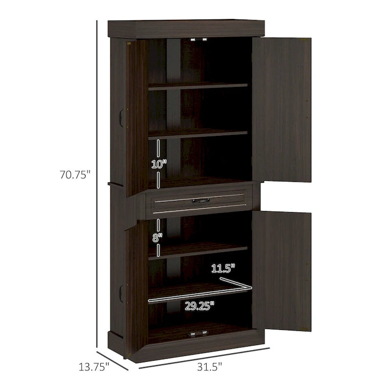 71" Freestanding Kitchen Pantry with 4 Doors and 2 Large Cabinets, Tall Storage Cabinet with Wide Drawer