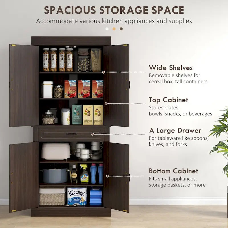 71" Freestanding Kitchen Pantry with 4 Doors and 2 Large Cabinets, Tall Storage Cabinet with Wide Drawer