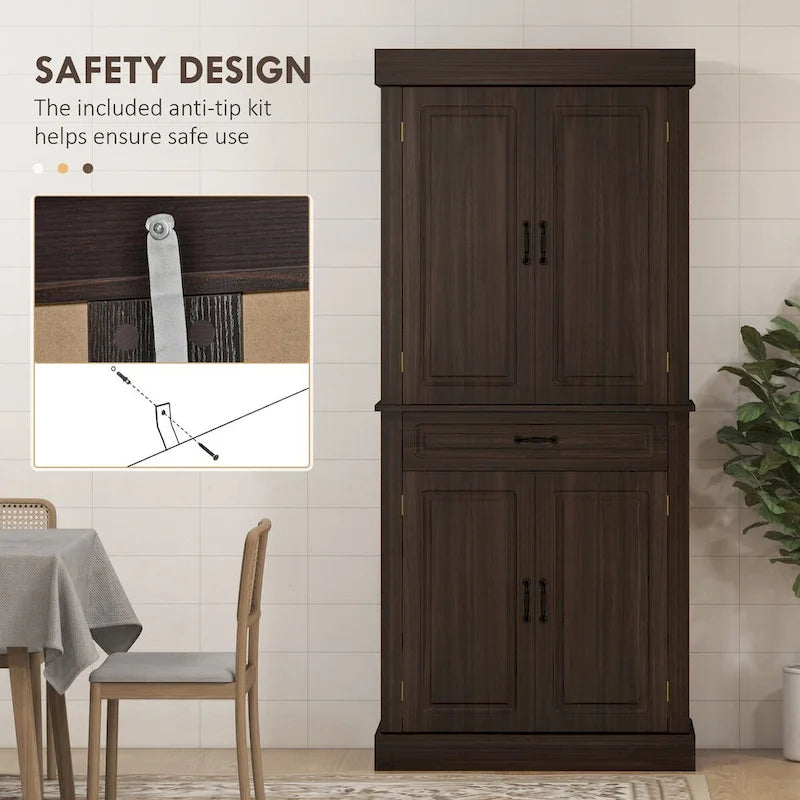 71" Freestanding Kitchen Pantry with 4 Doors and 2 Large Cabinets, Tall Storage Cabinet with Wide Drawer