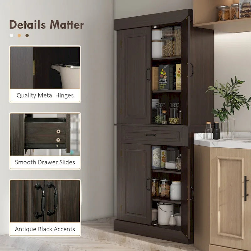 71" Freestanding Kitchen Pantry with 4 Doors and 2 Large Cabinets, Tall Storage Cabinet with Wide Drawer