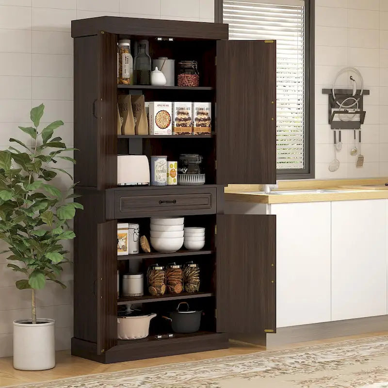 71" Freestanding Kitchen Pantry with 4 Doors and 2 Large Cabinets, Tall Storage Cabinet with Wide Drawer