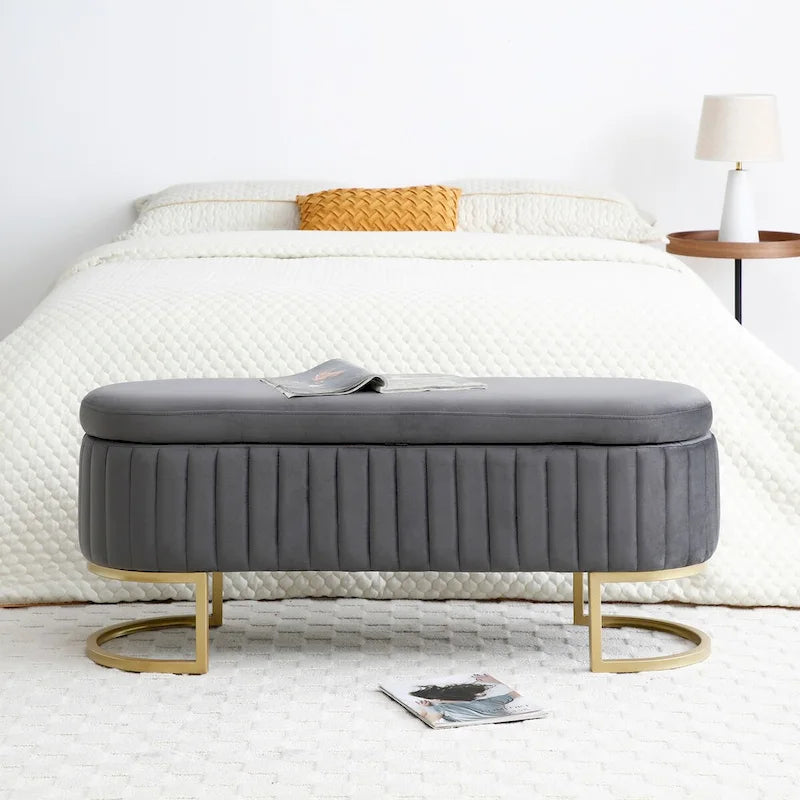 Upholstered End of Bed Bench with Storage and Golden Metal Legs