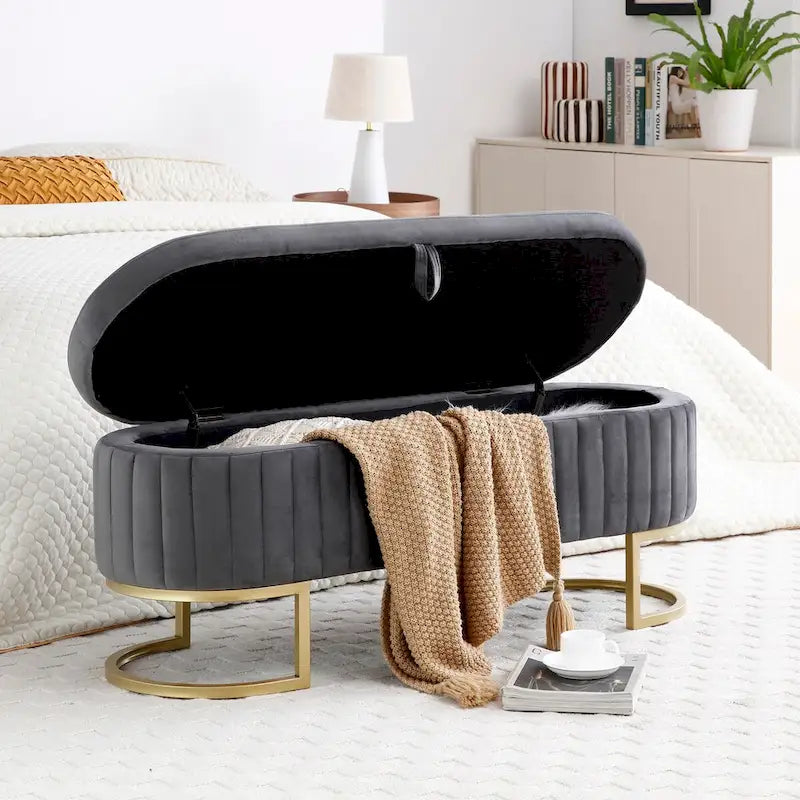 Upholstered End of Bed Bench with Storage and Golden Metal Legs