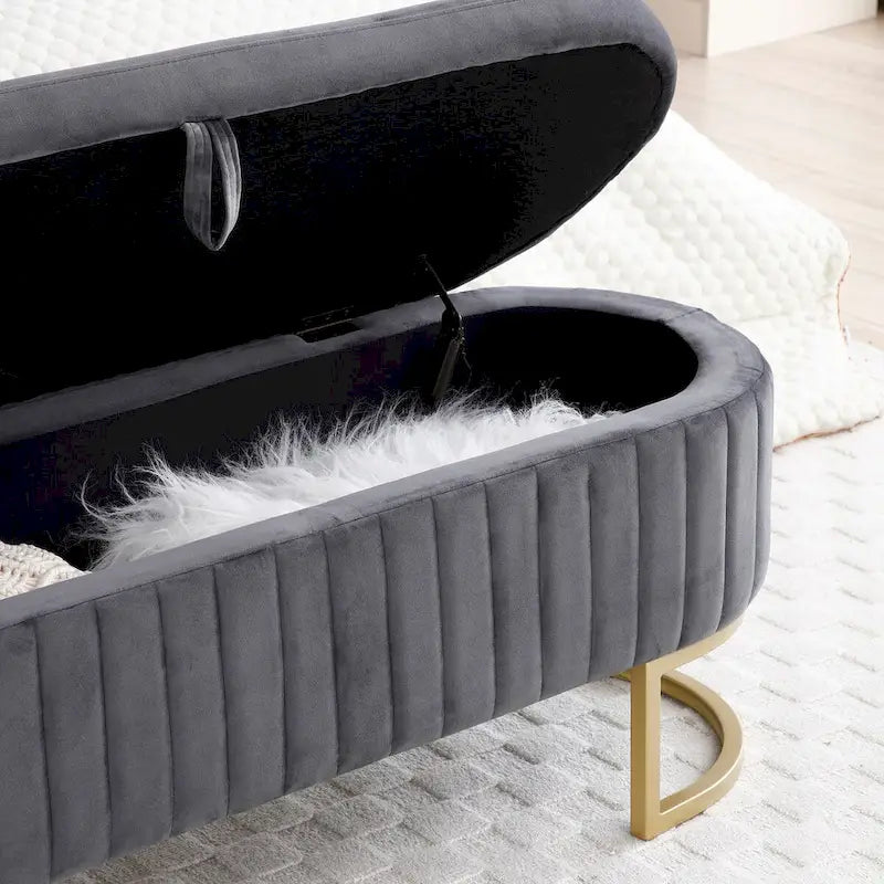 Upholstered End of Bed Bench with Storage and Golden Metal Legs