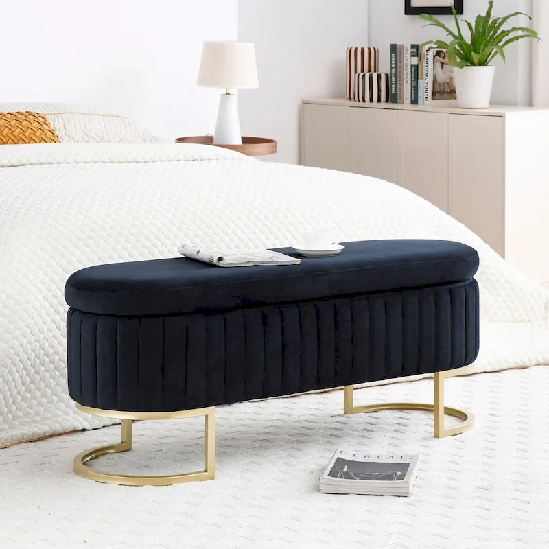 Upholstered End of Bed Bench with Storage and Golden Metal Legs