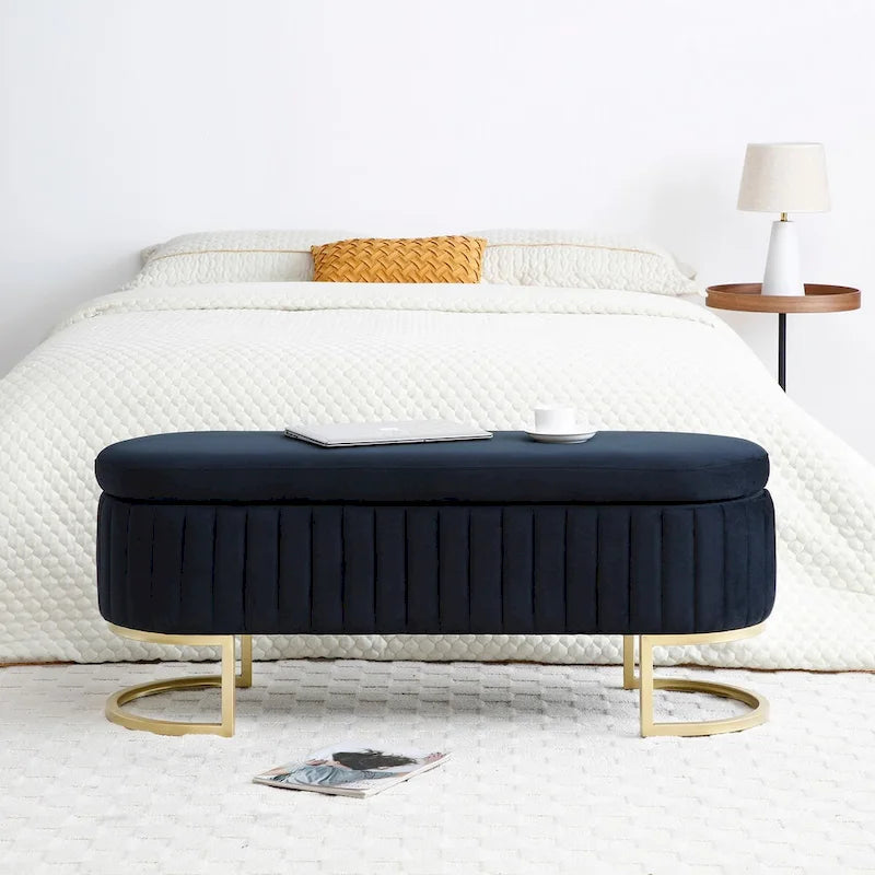Upholstered End of Bed Bench with Storage and Golden Metal Legs