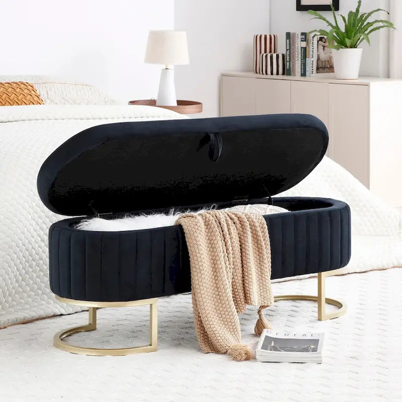 Upholstered End of Bed Bench with Storage and Golden Metal Legs