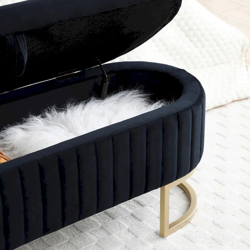 Upholstered End of Bed Bench with Storage and Golden Metal Legs