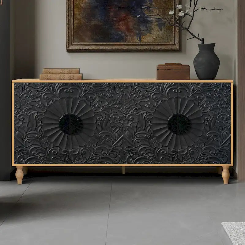 Vintage Carved Symmetrical Cabinet with Black Frame