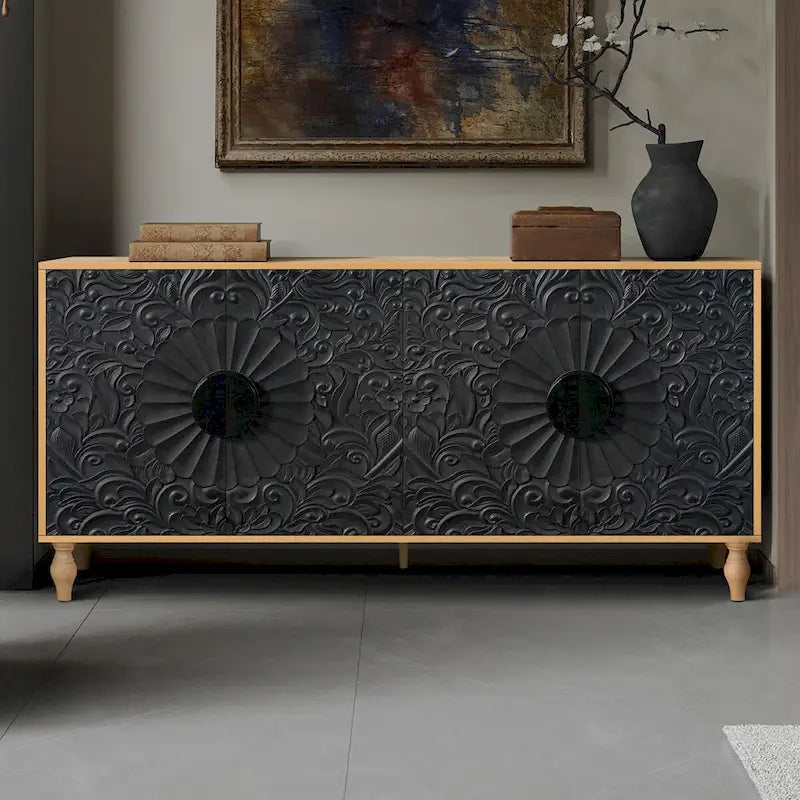 Vintage Carved Symmetrical Cabinet with Black Frame
