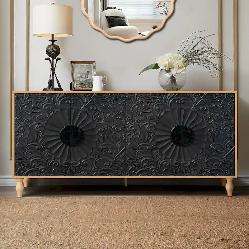 Vintage Carved Symmetrical Cabinet with Black Frame