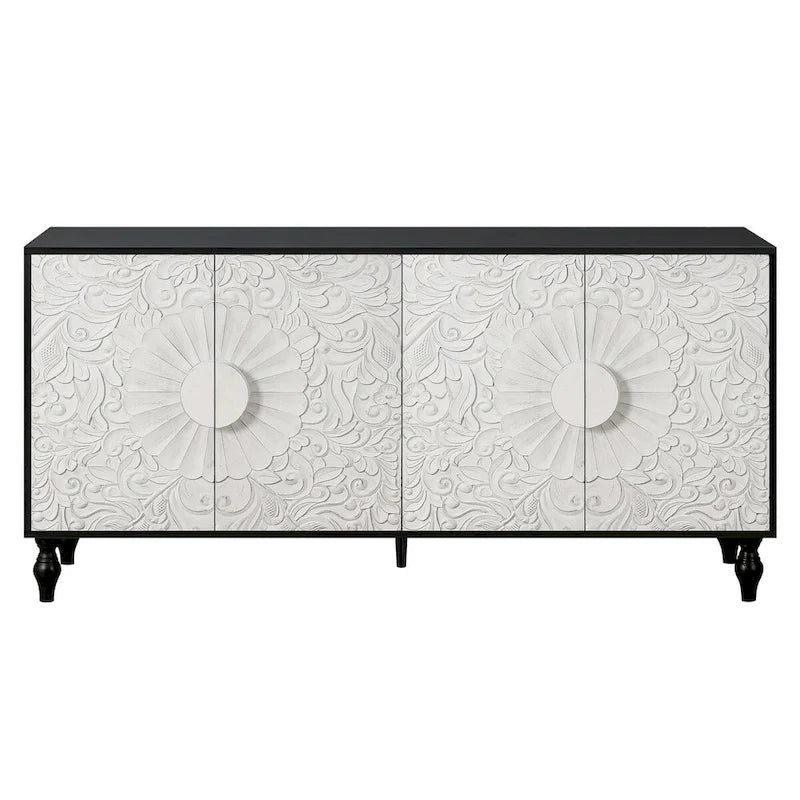 Vintage Carved Symmetrical Cabinet with Black Frame