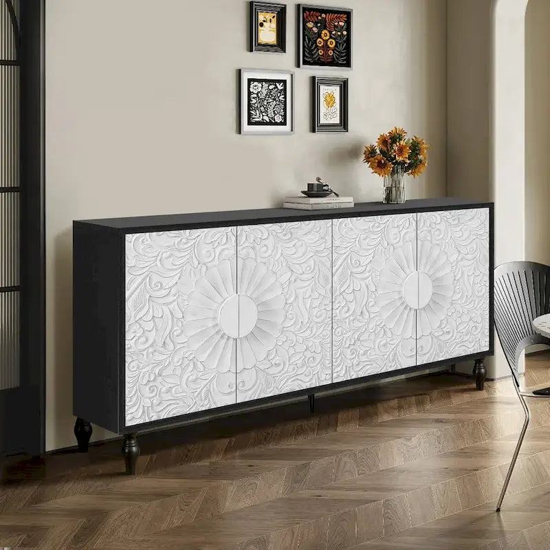 Vintage Carved Symmetrical Cabinet with Black Frame