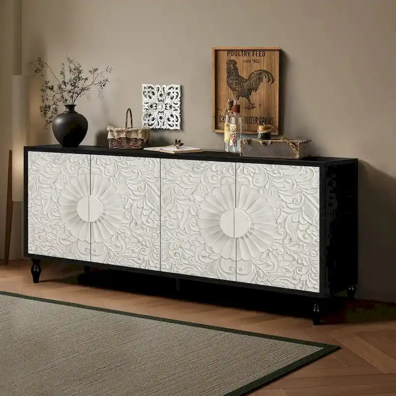 Vintage Carved Symmetrical Cabinet with Black Frame