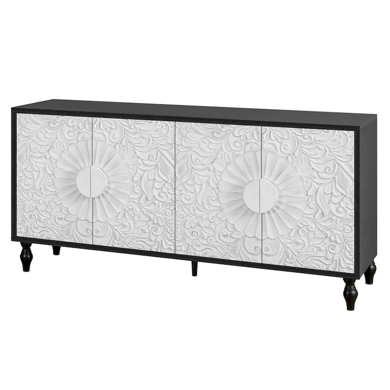 Vintage Carved Symmetrical Cabinet with Black Frame