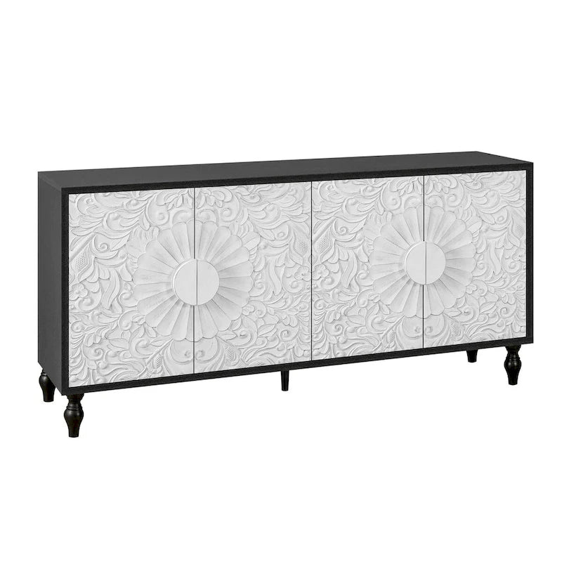 Vintage Carved Symmetrical Cabinet with Black Frame