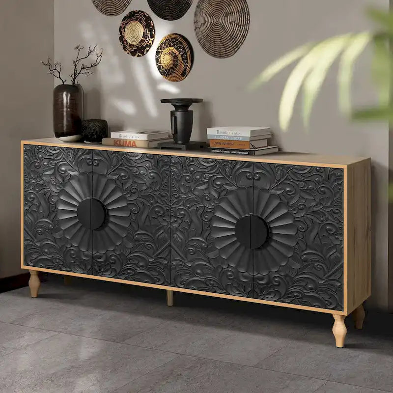 Vintage Carved Symmetrical Cabinet with Black Frame