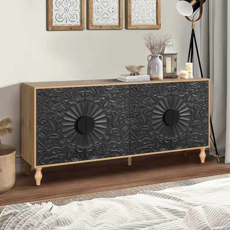 Vintage Carved Symmetrical Cabinet with Black Frame