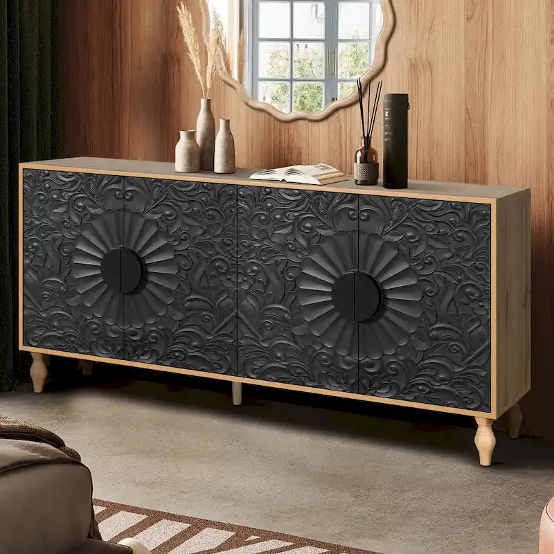 Vintage Carved Symmetrical Cabinet with Black Frame