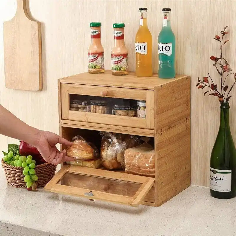 Bamboo Bread Box with 2 Stackable Tiers
