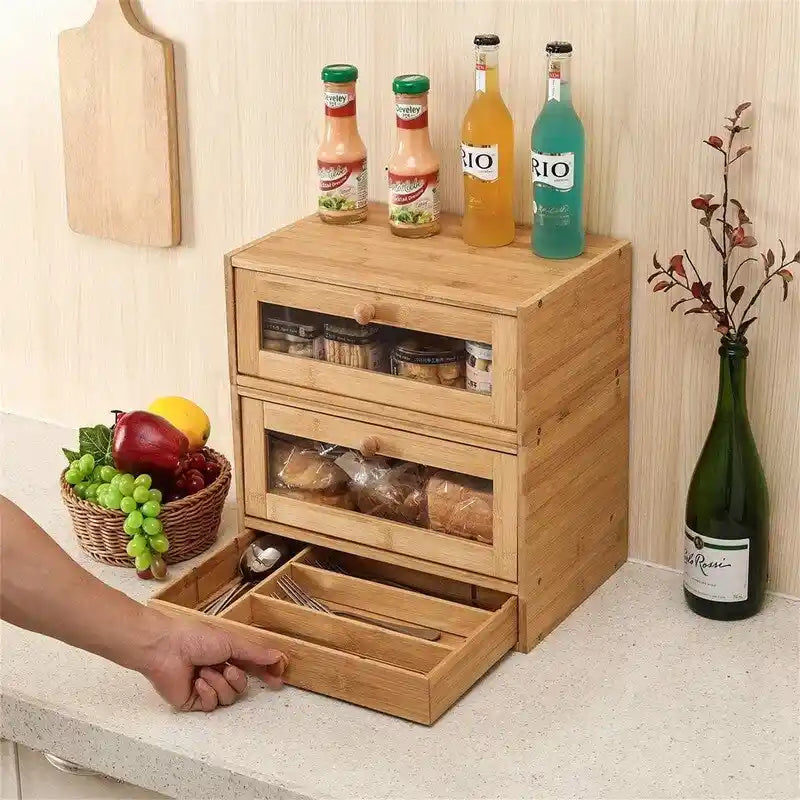Bamboo Bread Box with 2 Stackable Tiers