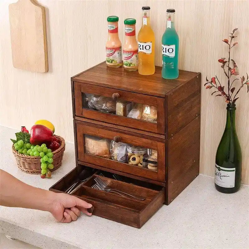 Bamboo Bread Box with 2 Stackable Tiers
